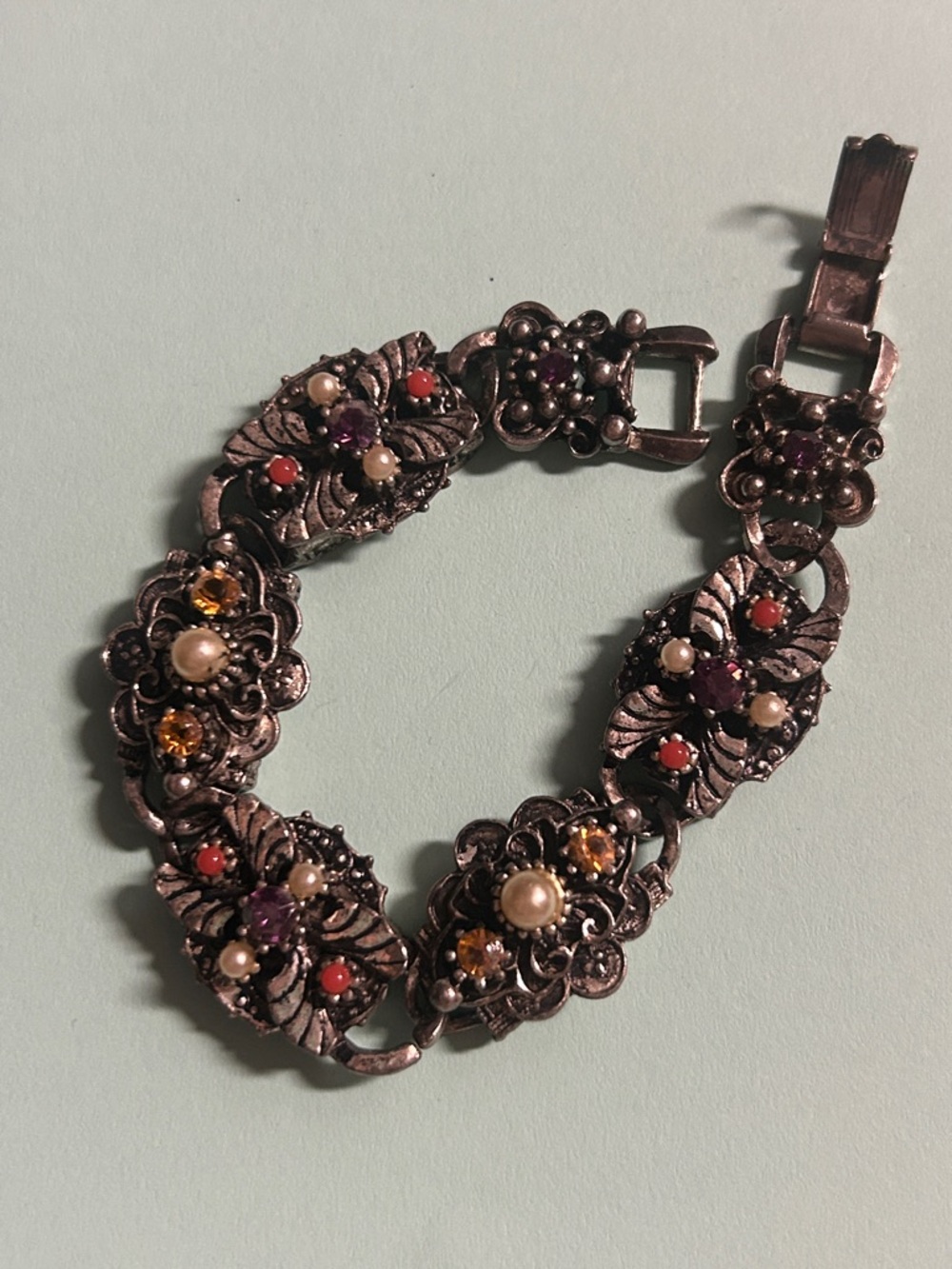 Vintage-Inspired Silver Floral Bracelet with Pearl and Multi-Gem Accents